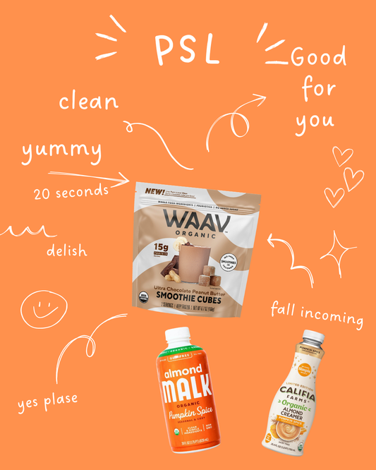 Clean pumpkin spice smoothie made with WAAV Organic Superfood Cubes and almond milk, dairy-free fall latte alternative.